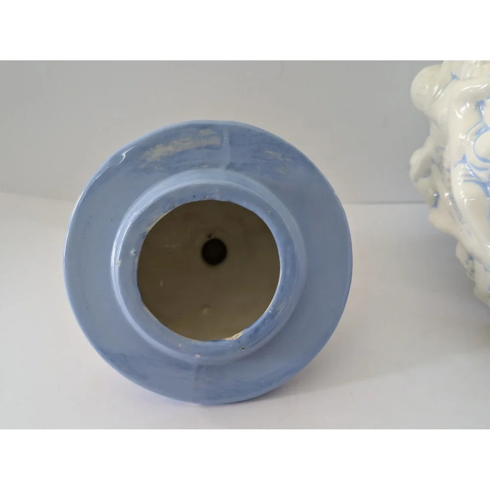 Blue and White Ceramic Cherub Ginger Jar Ornate Relief Urn w Lid 15i
